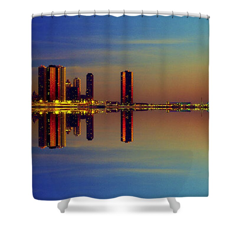 Between Shower Curtain featuring the photograph Between Night and Day chicago skyline mirrored by Tom Jelen