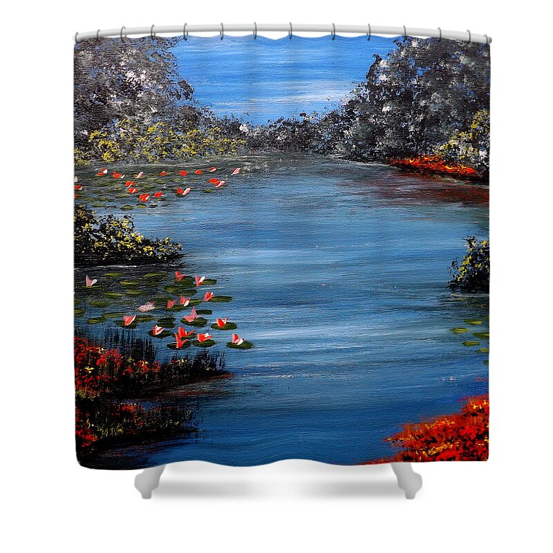 Paintingsbydarren Shower Curtain featuring the painting Beyond the Bridge at Lily Pond by Darren Robinson