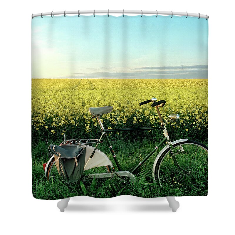 Tranquility Shower Curtain featuring the photograph Bicycle By Rape Field by Muriel De Seze