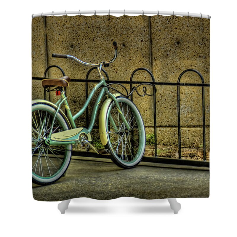 Tranquility Shower Curtain featuring the photograph Bicycle In Bike Rack by D.r. Bennett Photograpy
