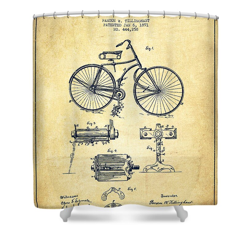 Bicycle Patent Shower Curtain featuring the digital art Bicycle Patent Drawing from 1891 - Vintage by Aged Pixel