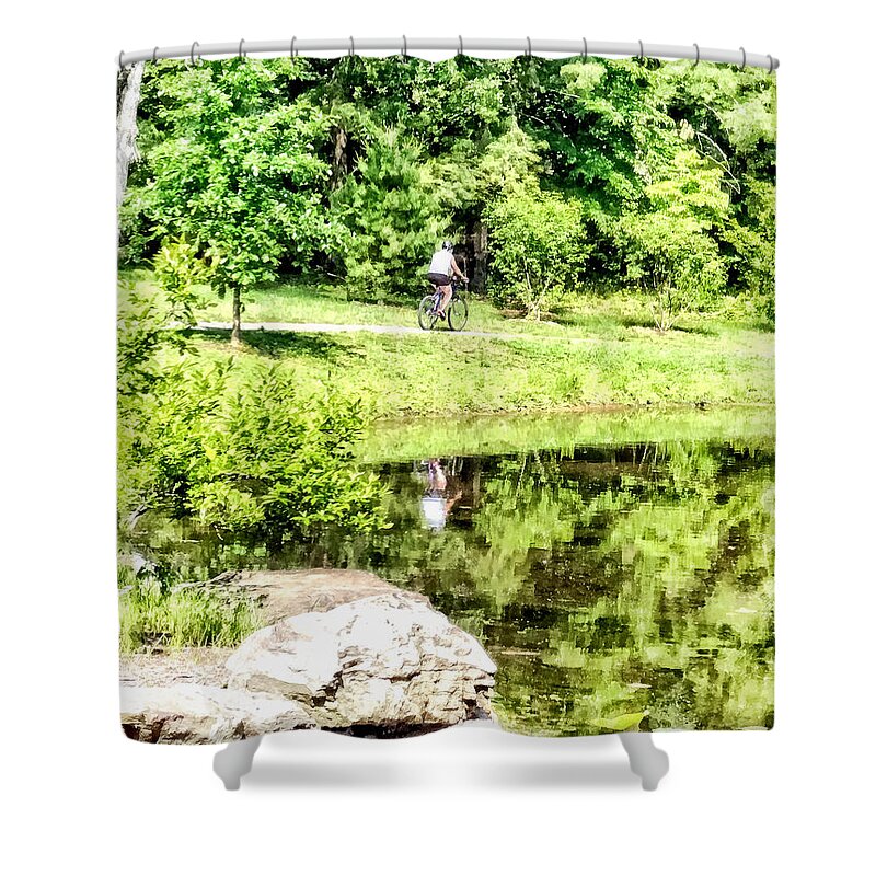 Bicycle Shower Curtain featuring the photograph Bicycling by the Lake by Susan Savad