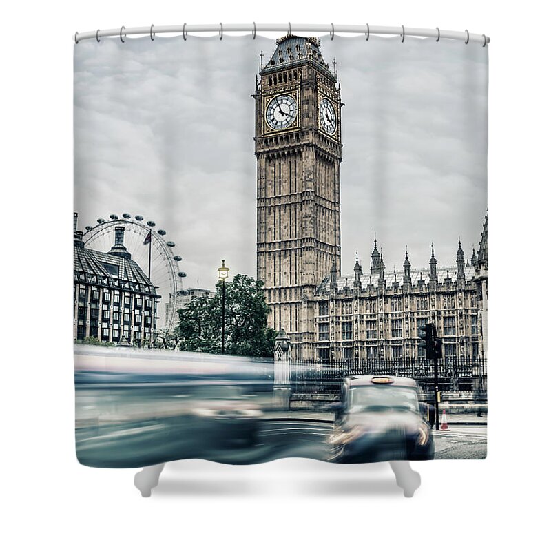 Gothic Style Shower Curtain featuring the photograph Big Ben At Dusk With Passing Traffic - by Alpamayophoto