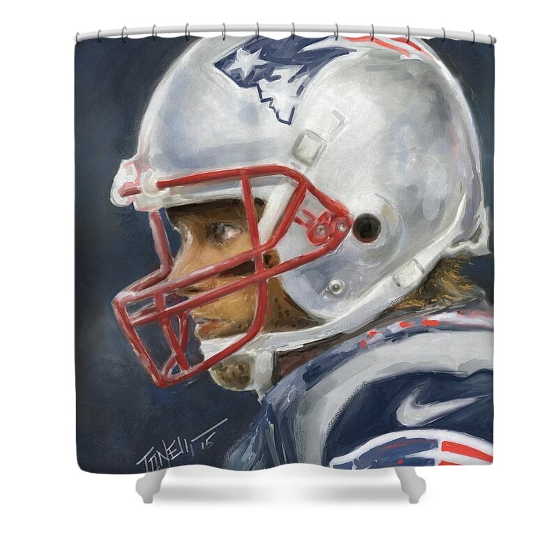 Tom Brady Shower Curtain featuring the mixed media Tom Brady Big game portrait by Mark Tonelli