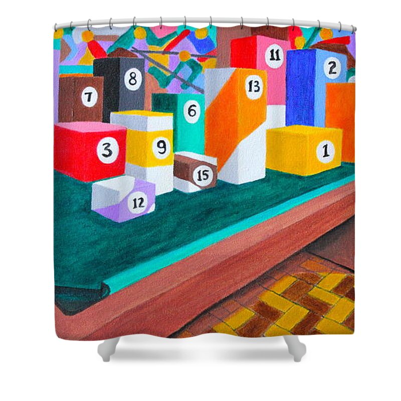 All Apparels Shower Curtain featuring the painting Billiard Table by Lorna Maza