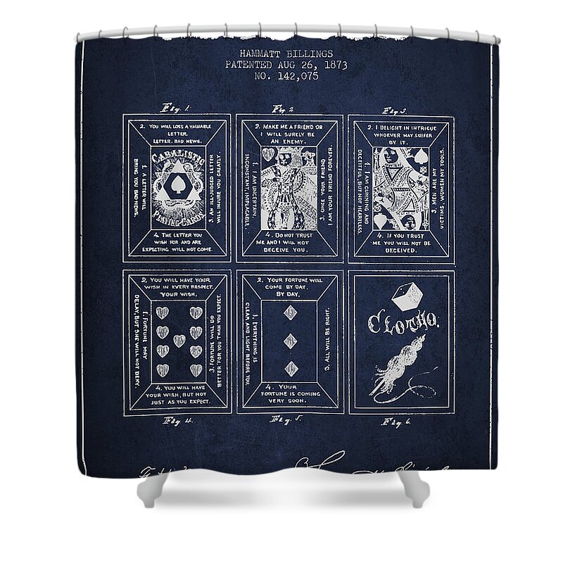 Cards Shower Curtain featuring the digital art Billings Playing Cards Patent Drawing From 1873 - Navy Blue by Aged Pixel