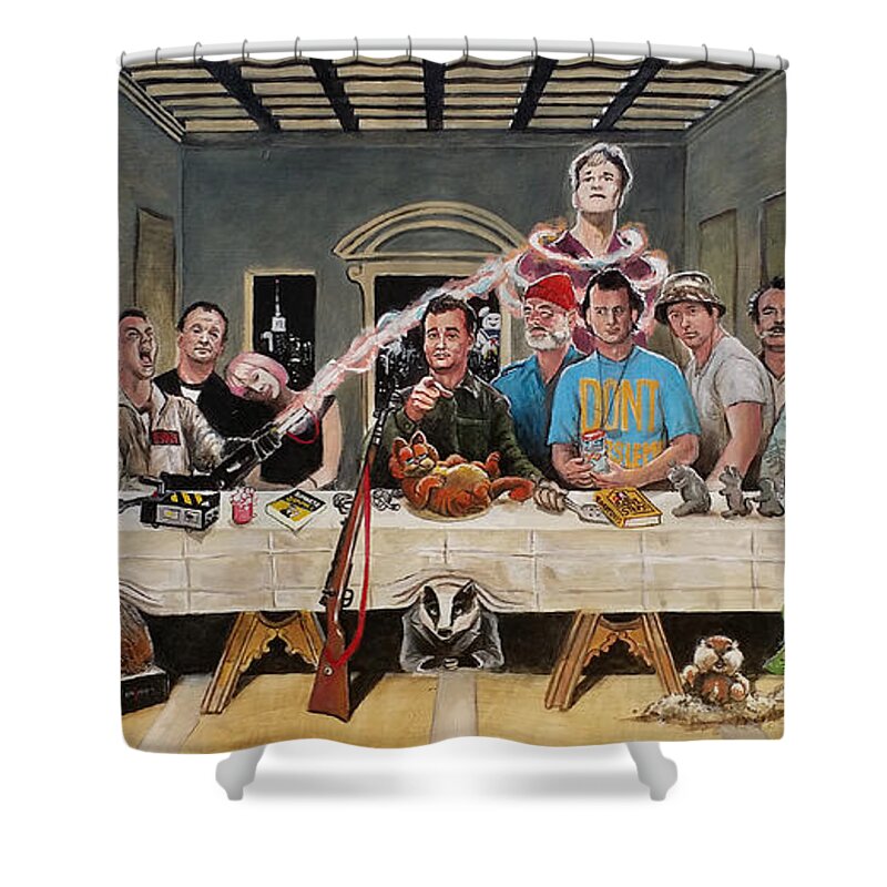 Bill Murray Shower Curtain featuring the painting Bills Last Supper by Tom Carlton