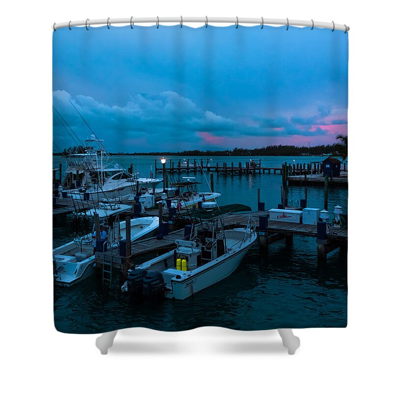 Alice Shower Curtain featuring the photograph Bimini Big Game Club Docks After Sundown by Ed Gleichman