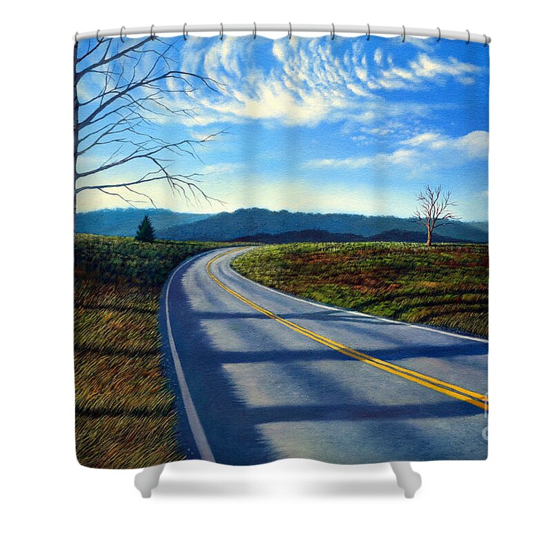 Birch Shower Curtain featuring the painting Birch tree along the road by Christopher Shellhammer