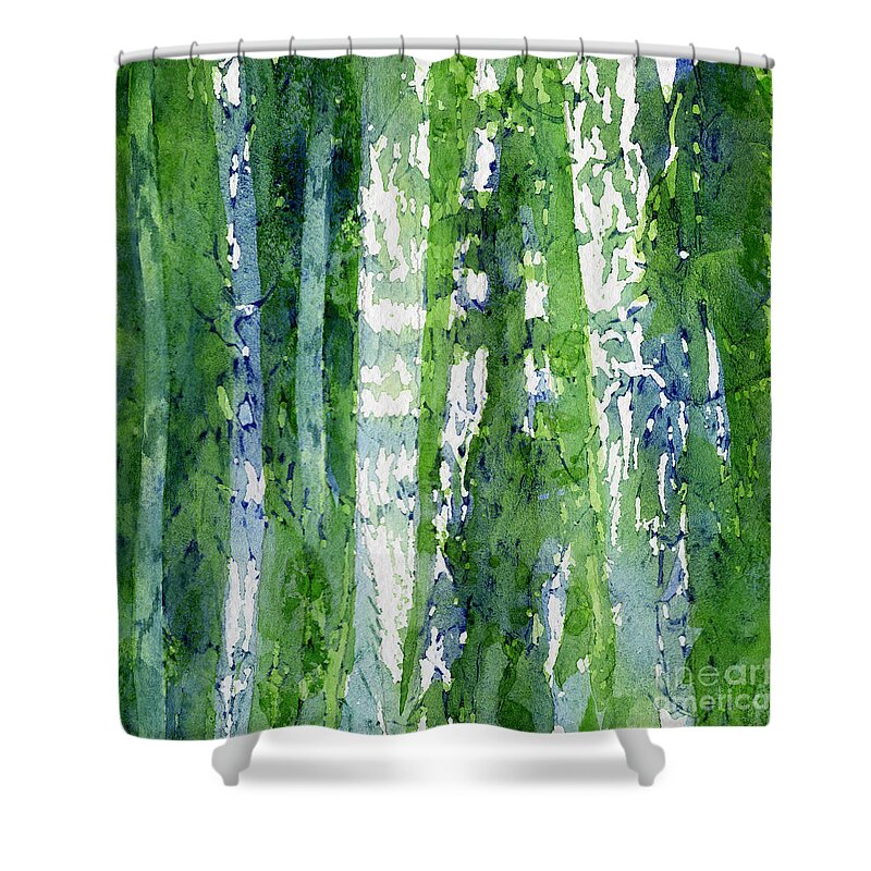 Abstract Watercolor Shower Curtain featuring the painting Birch Trees Watercolor Abstract by Sharon Freeman