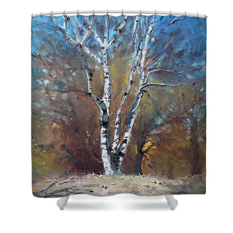 Birch Trees Shower Curtain featuring the painting Birch Trees by Ylli Haruni