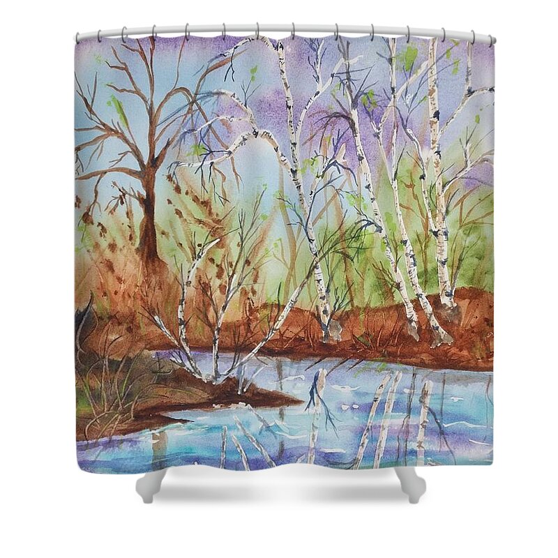 Birches Shower Curtain featuring the painting Birches reflected in Kaaterskill Creek by Ellen Levinson