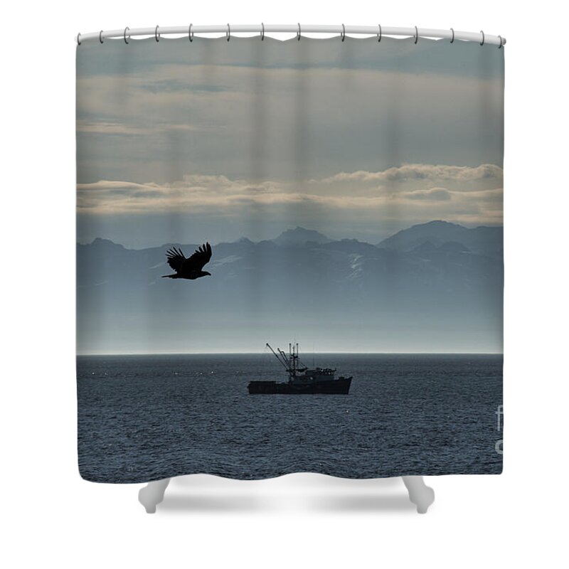  Shower Curtain featuring the photograph Bird Boat and Mountains by David Arment