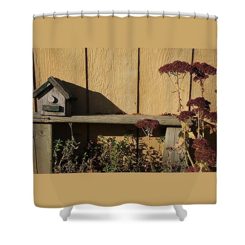 Bird House Shower Curtain featuring the photograph Bird House on Bench by Valerie Collins