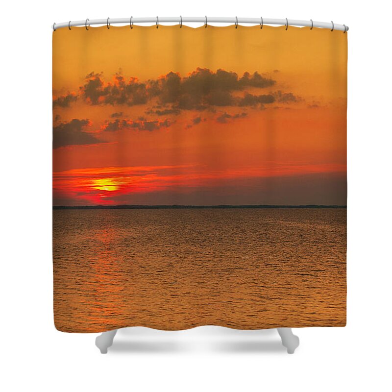 Bird On Post Sunset Outer Banks Shower Curtain featuring the photograph Bird on Post Sunset Outer Banks by Randy Steele