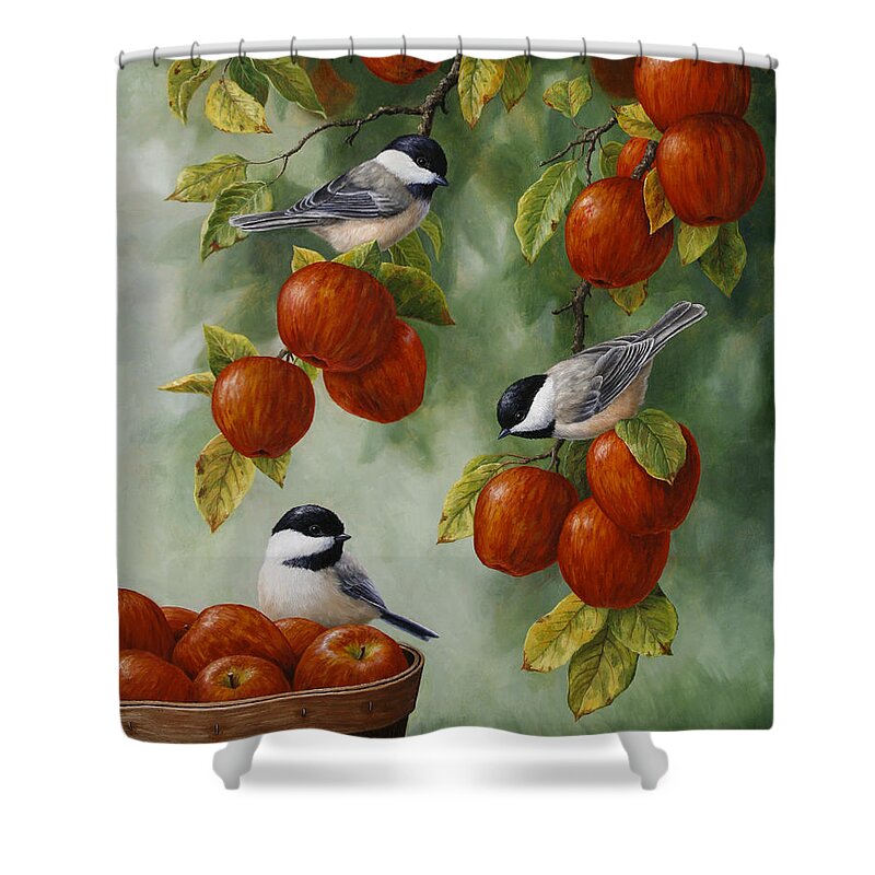 Birds Shower Curtain featuring the painting Bird Painting - Apple Harvest Chickadees by Crista Forest