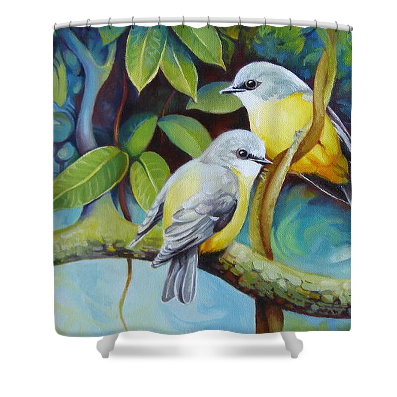 Birds Shower Curtain featuring the painting Birds by Elena Oleniuc