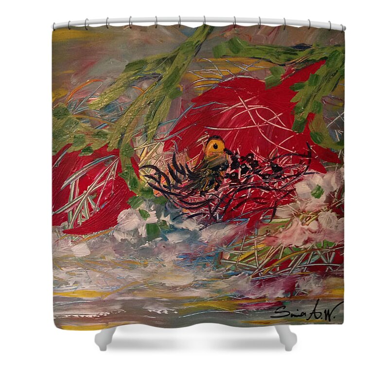 Acrylic Shower Curtain featuring the painting Birds nest at the pond by Sima Amid Wewetzer
