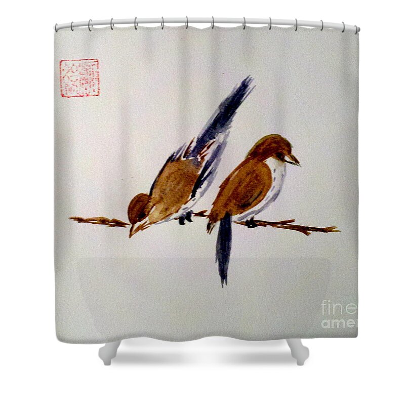 Birds On A Branch Shower Curtain featuring the painting Birds of a Feather by Margaret Welsh Willowsilk