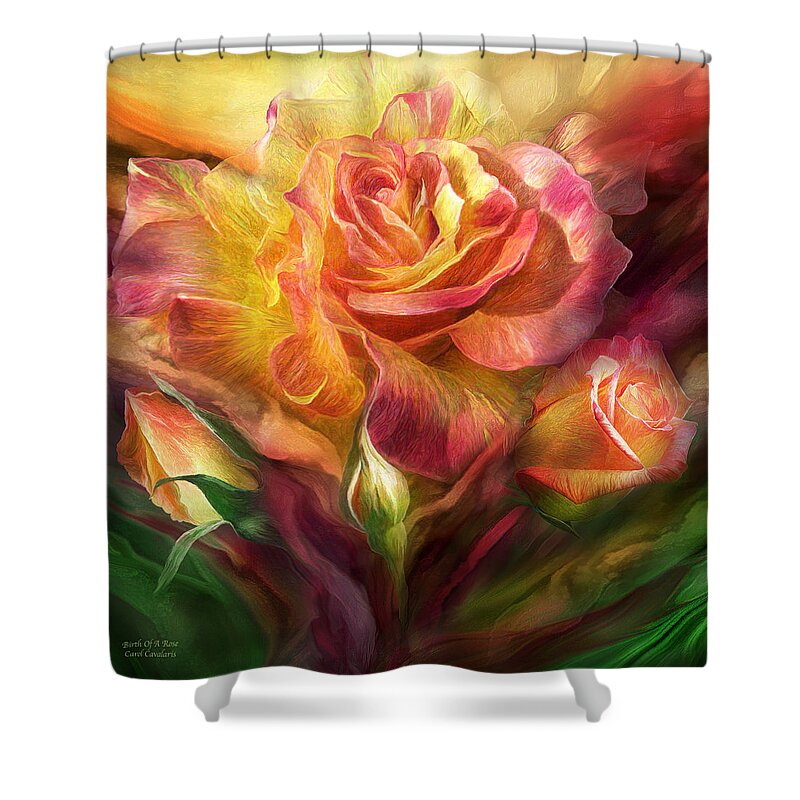 Rose Shower Curtain featuring the mixed media Birth Of A Rose - SQ by Carol Cavalaris