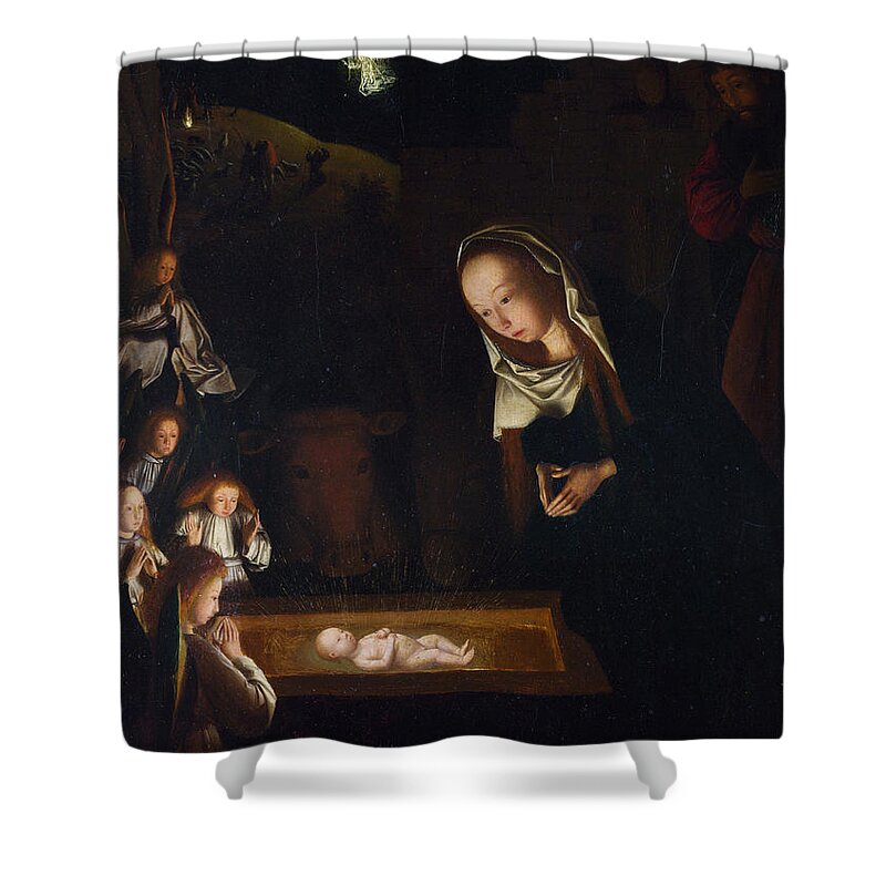 Geertgen Tot Sint Jans Shower Curtain featuring the painting Birth of Jesus by Geertgen tot Sint Jans