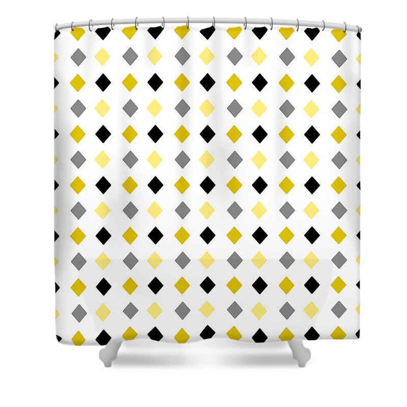 Black Shower Curtain featuring the mixed media Black and Gold Diamond Pattern by Christina Rollo