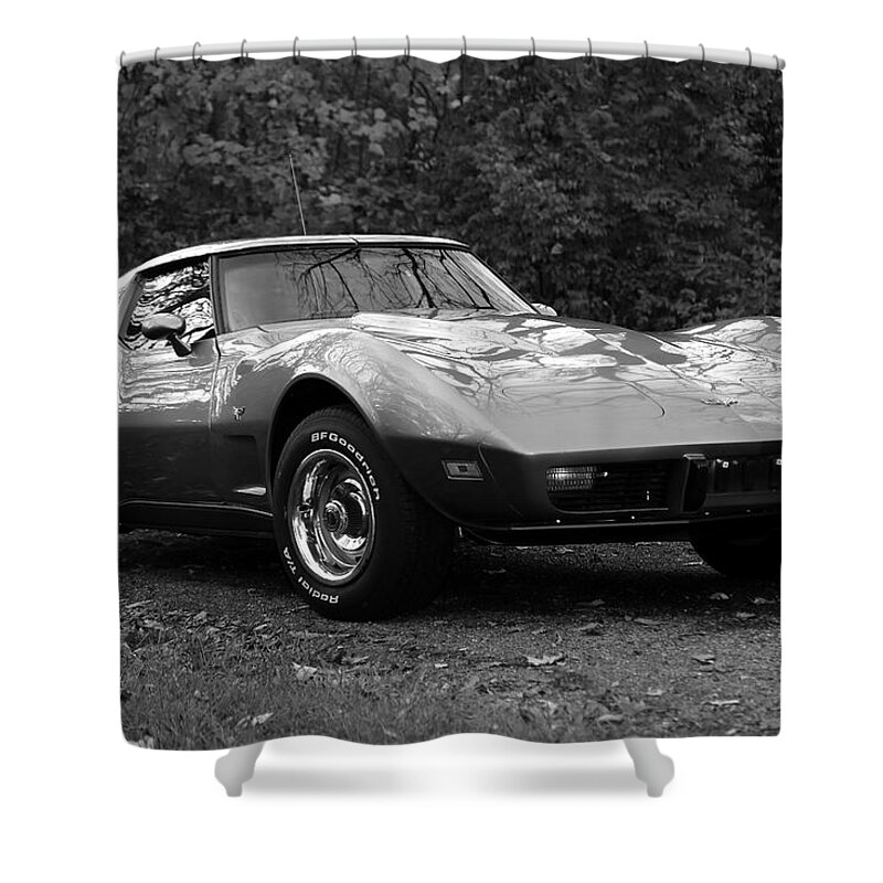 Black And White Gray Corvette Shower Curtain featuring the photograph Black and White Gray Corvette by PJQandFriends Photography