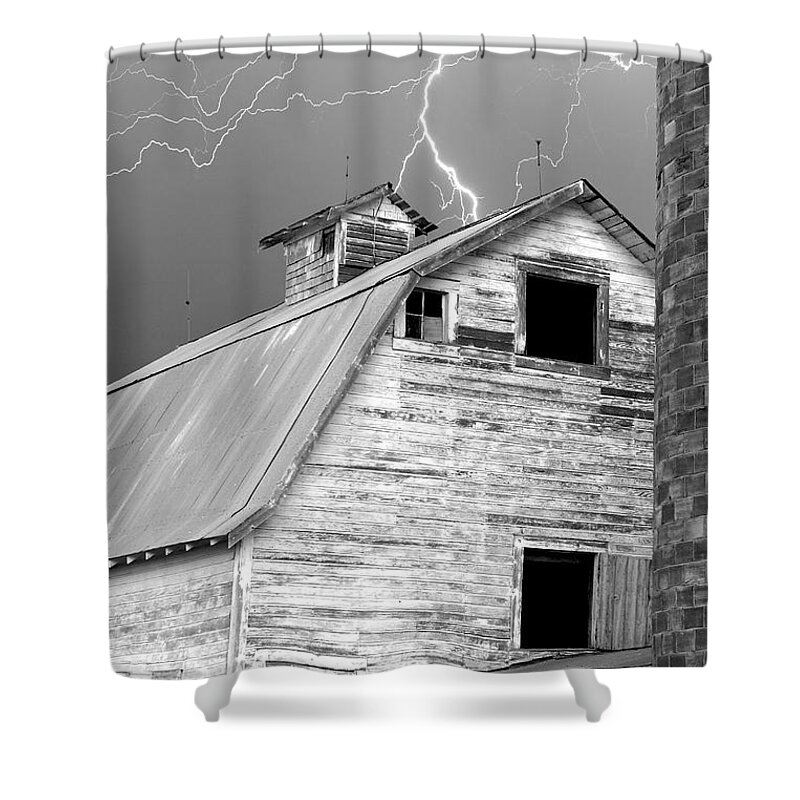 Lightning Shower Curtain featuring the photograph Black and white Old Barn Lightning Strikes by James BO Insogna