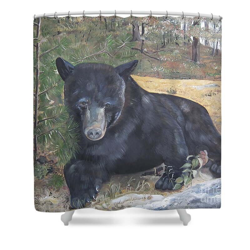 Black Bear Shower Curtain featuring the painting Black Bear - Wildlife Art -Scruffy by Jan Dappen