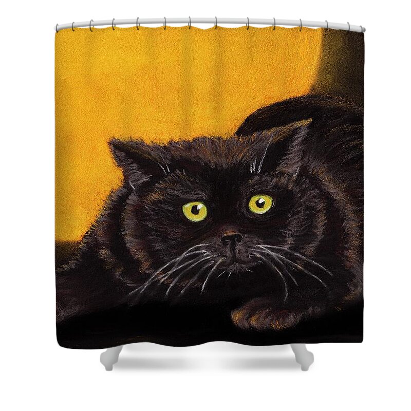 Black Shower Curtain featuring the painting Black Cat by Anastasiya Malakhova