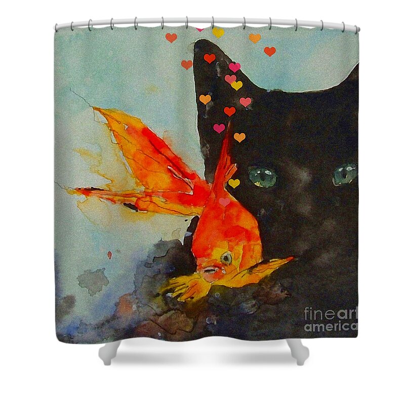 Black Cat Shower Curtain featuring the painting Black Cat and the Goldfish by Paul Lovering