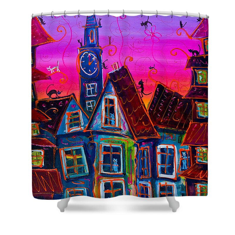 Town Shower Curtain featuring the painting Black cats invasion by Maxim Komissarchik