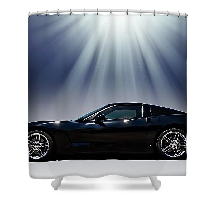 Black Shower Curtain featuring the digital art Black Corvette by Douglas Pittman