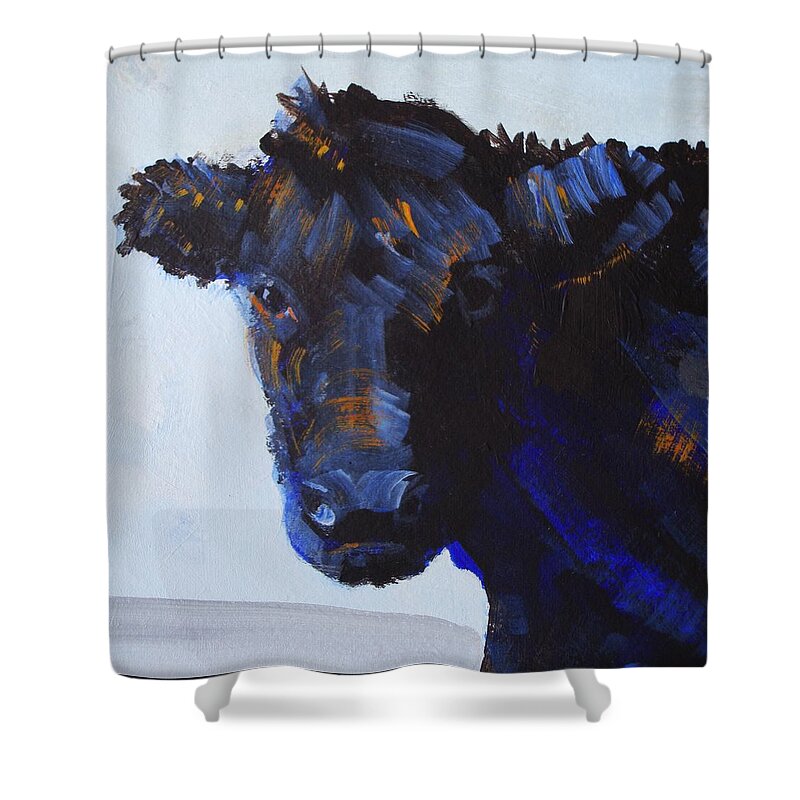 Black Shower Curtain featuring the painting Black Cow Head by Mike Jory