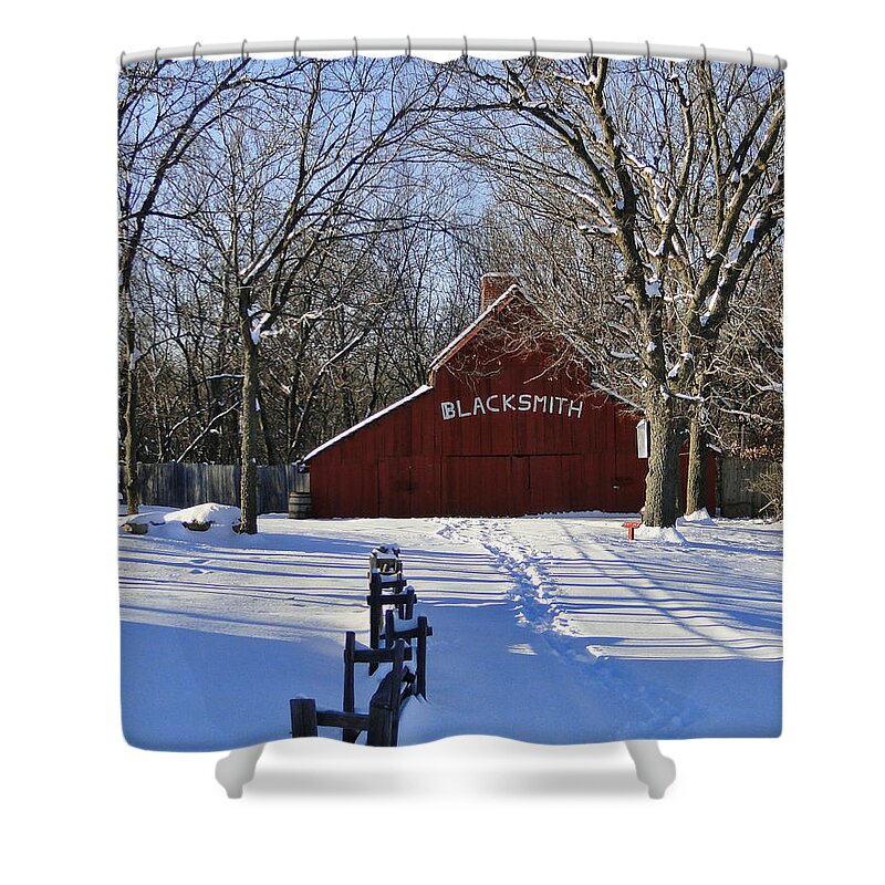 Snow Shower Curtain featuring the photograph Blacksmith Shop in Winter by Alan Hutchins