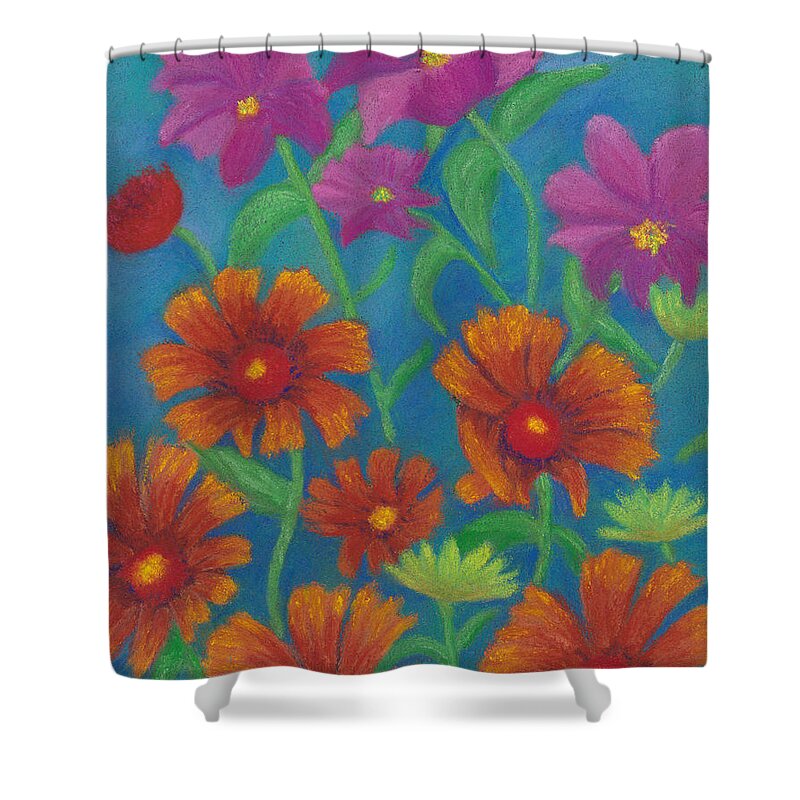 Flowers Shower Curtain featuring the pastel Blanket Flowers and Cosmos by Anne Katzeff