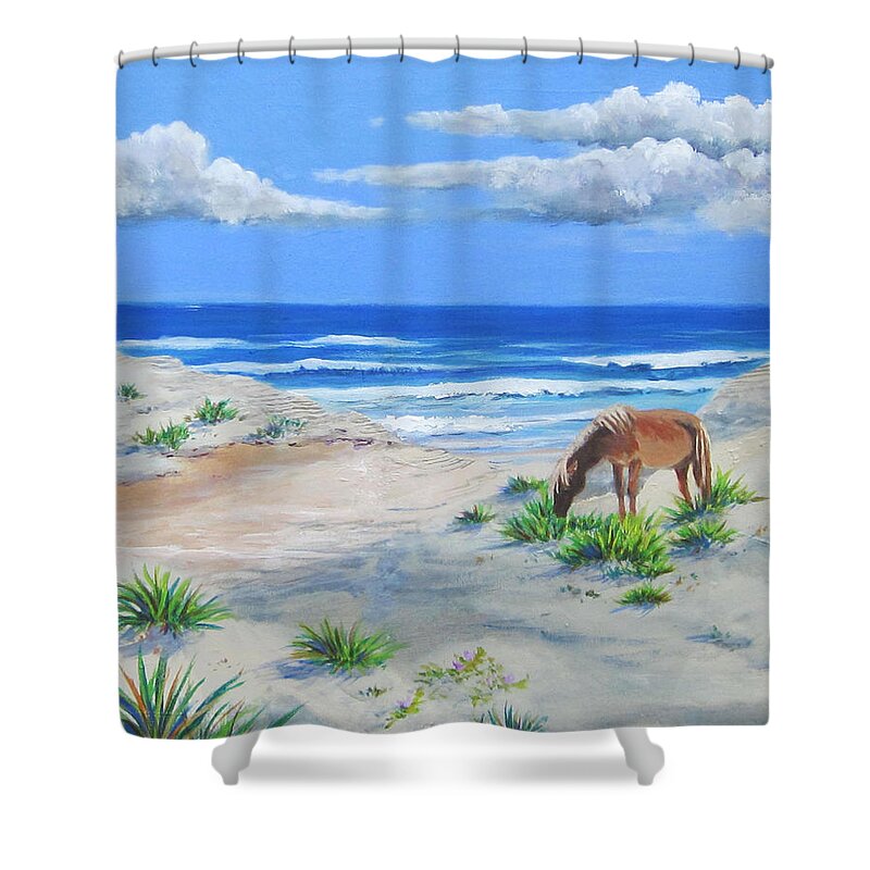 Horse Shower Curtain featuring the painting Blonde On The Beach by Anne Marie Brown