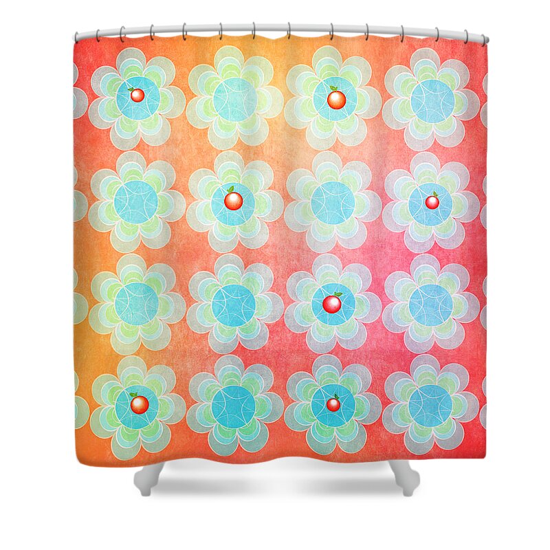 Floral Shower Curtain featuring the digital art Blue and Green Jelly with Cherries on top by Lenny Carter