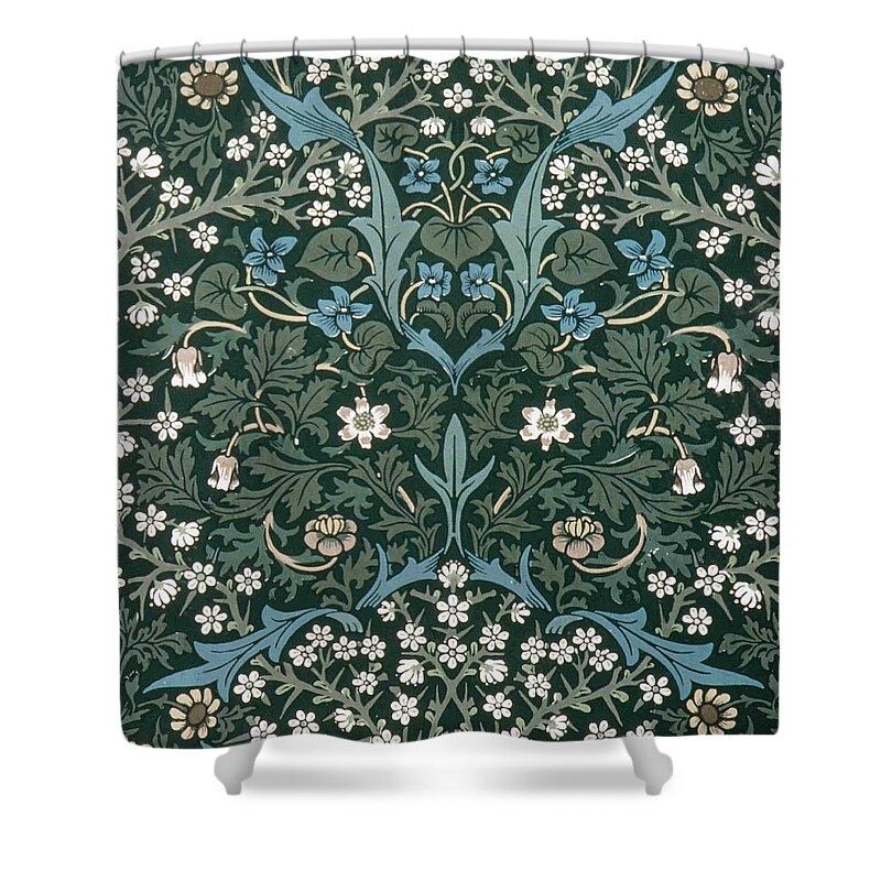 William Shower Curtain featuring the digital art Blue and White Flowers on Green by Philip Ralley