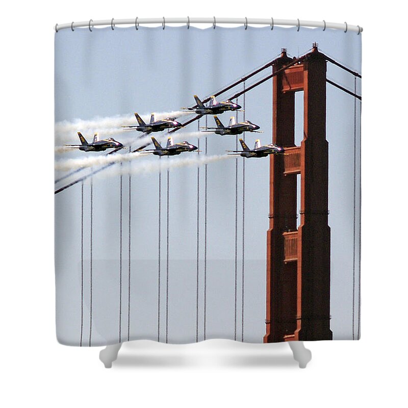 Blue Angels Shower Curtain featuring the photograph Blue Angels and the Bridge by Bill Gallagher