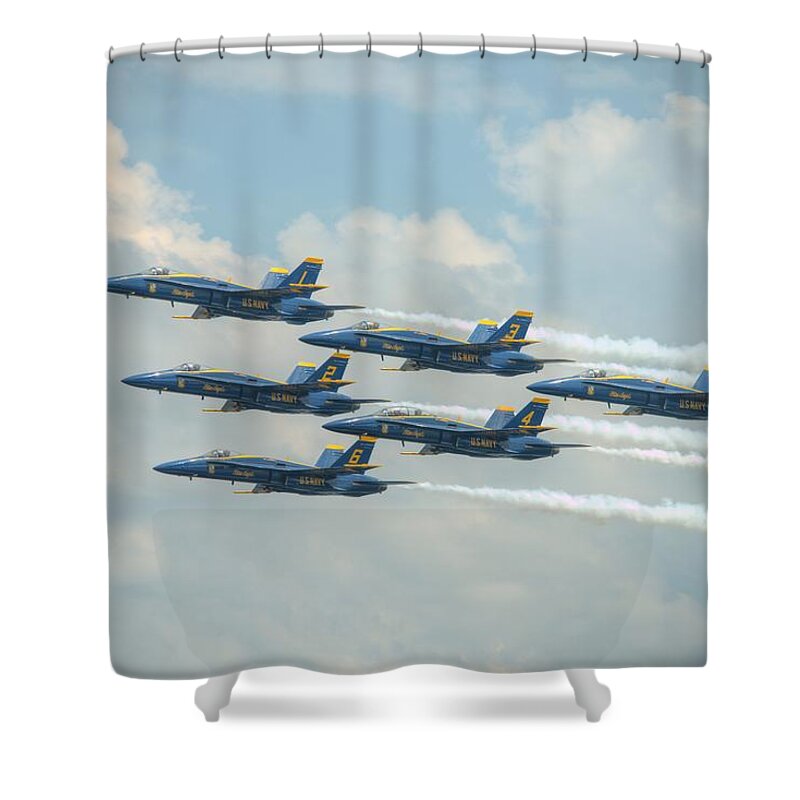 Blue Angels Shower Curtain featuring the photograph Blue Angels Delta Pass by Jeff Cook