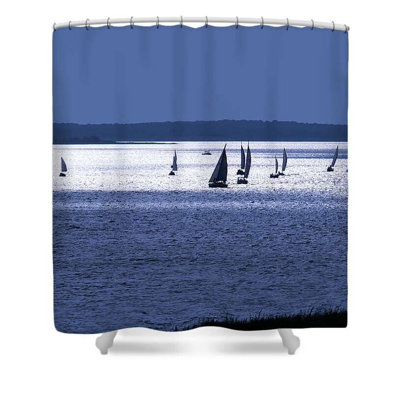 Seascape Shower Curtain featuring the digital art The Blue Armada by Douglas Pittman