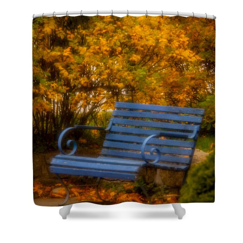 Bench Shower Curtain featuring the photograph Blue Bench - Autumn - Deer Isle - Maine by David Smith