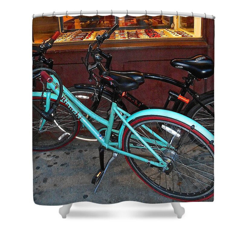 New York City Bicycle Shower Curtain featuring the photograph Blue Bianchi Bike by Joan Reese
