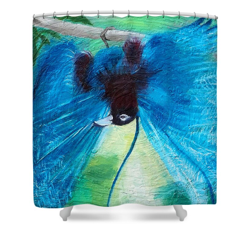 Bird Shower Curtain featuring the painting Blue Bird of Paradise by Anne Cameron Cutri