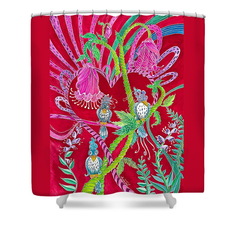 Heart Shower Curtain featuring the painting Blue Bird Trio and Heart by Adria Trail