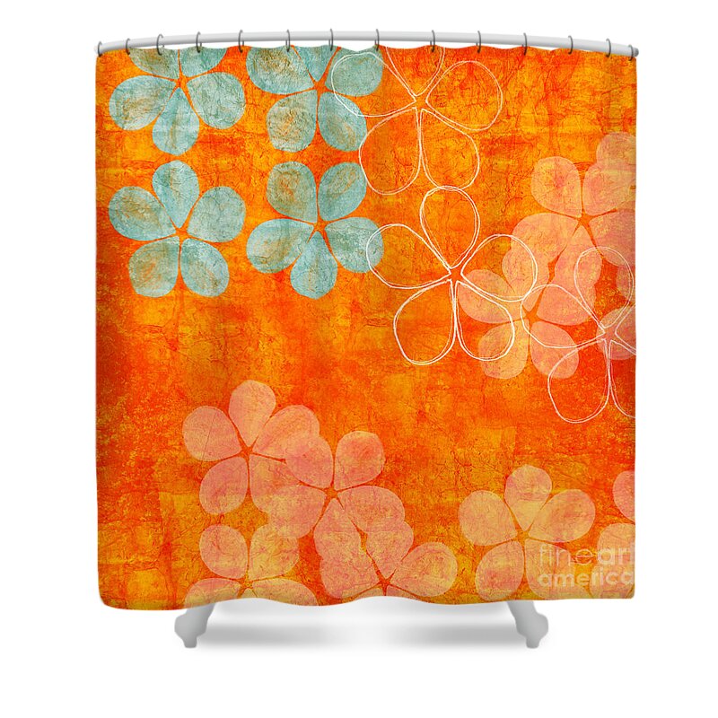 Abstract Shower Curtain featuring the painting Blue Blossom on Orange by Linda Woods