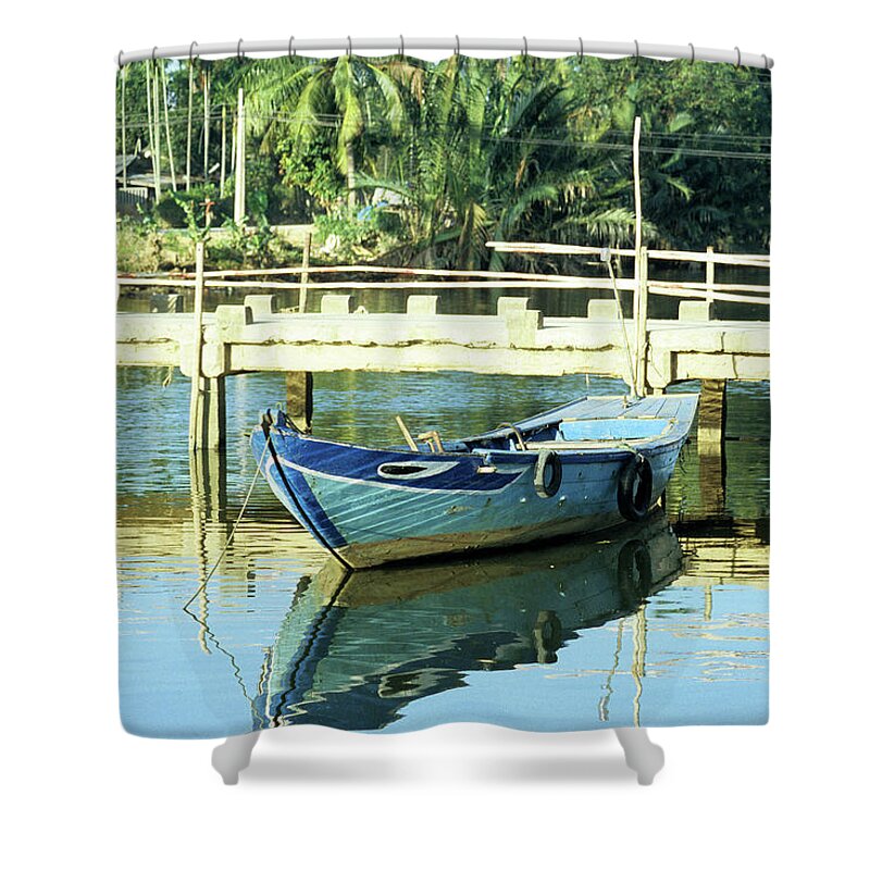 Vietnam Shower Curtain featuring the photograph Blue Boat 02 by Rick Piper Photography