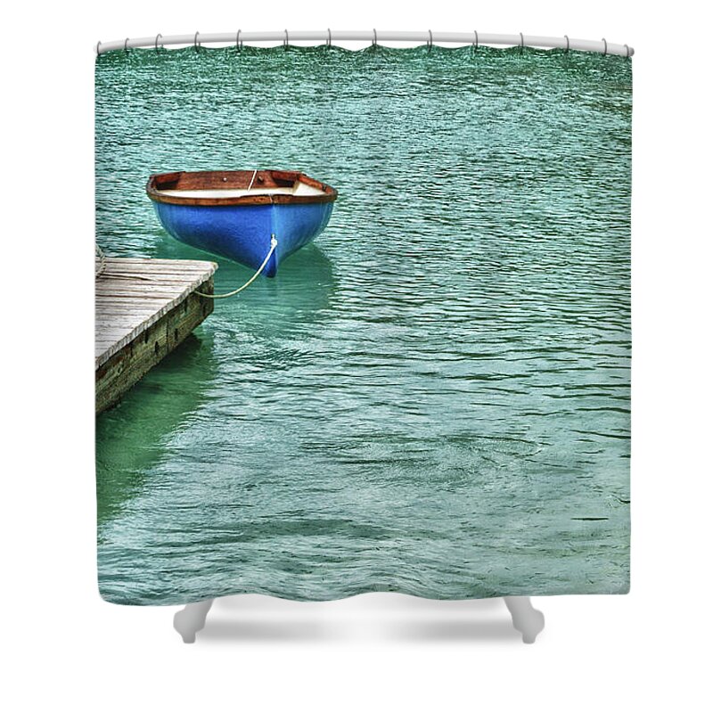 Blue Shower Curtain featuring the digital art Blue Boat Off Dock by Michael Thomas