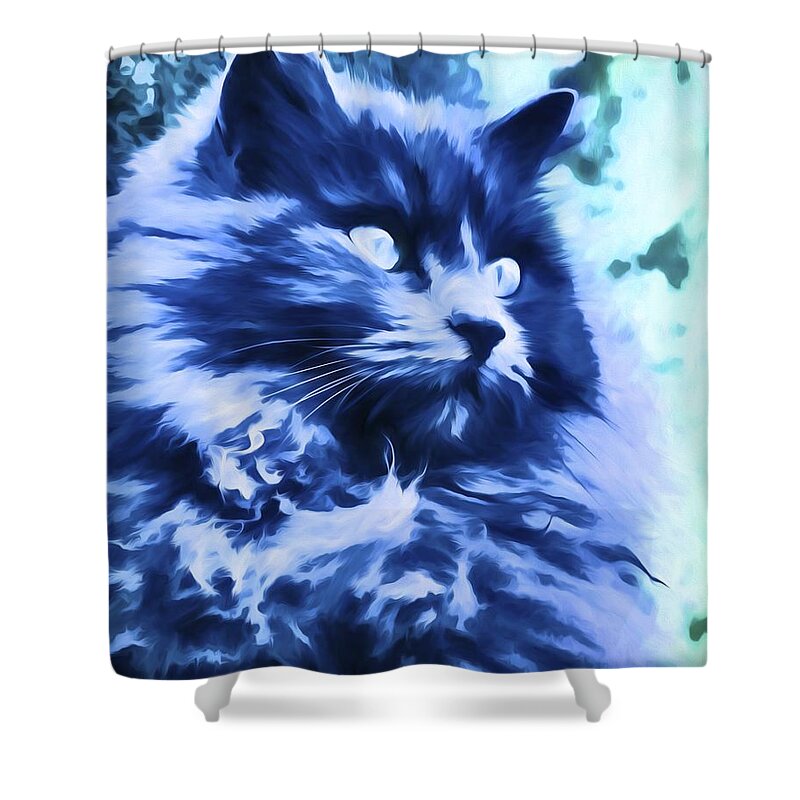 Cat Shower Curtain featuring the digital art Blue Cat Art by Priya Ghose by Priya Ghose